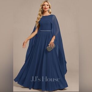 JJs House Navy Blue A-Line Scoop Floor-Chiffon  Evening Dress